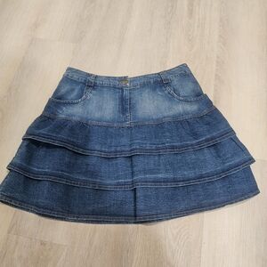 MXM Denim Tiered Ruffle Mini Skirt Size 14 Stretch Cotton Y2K Boho